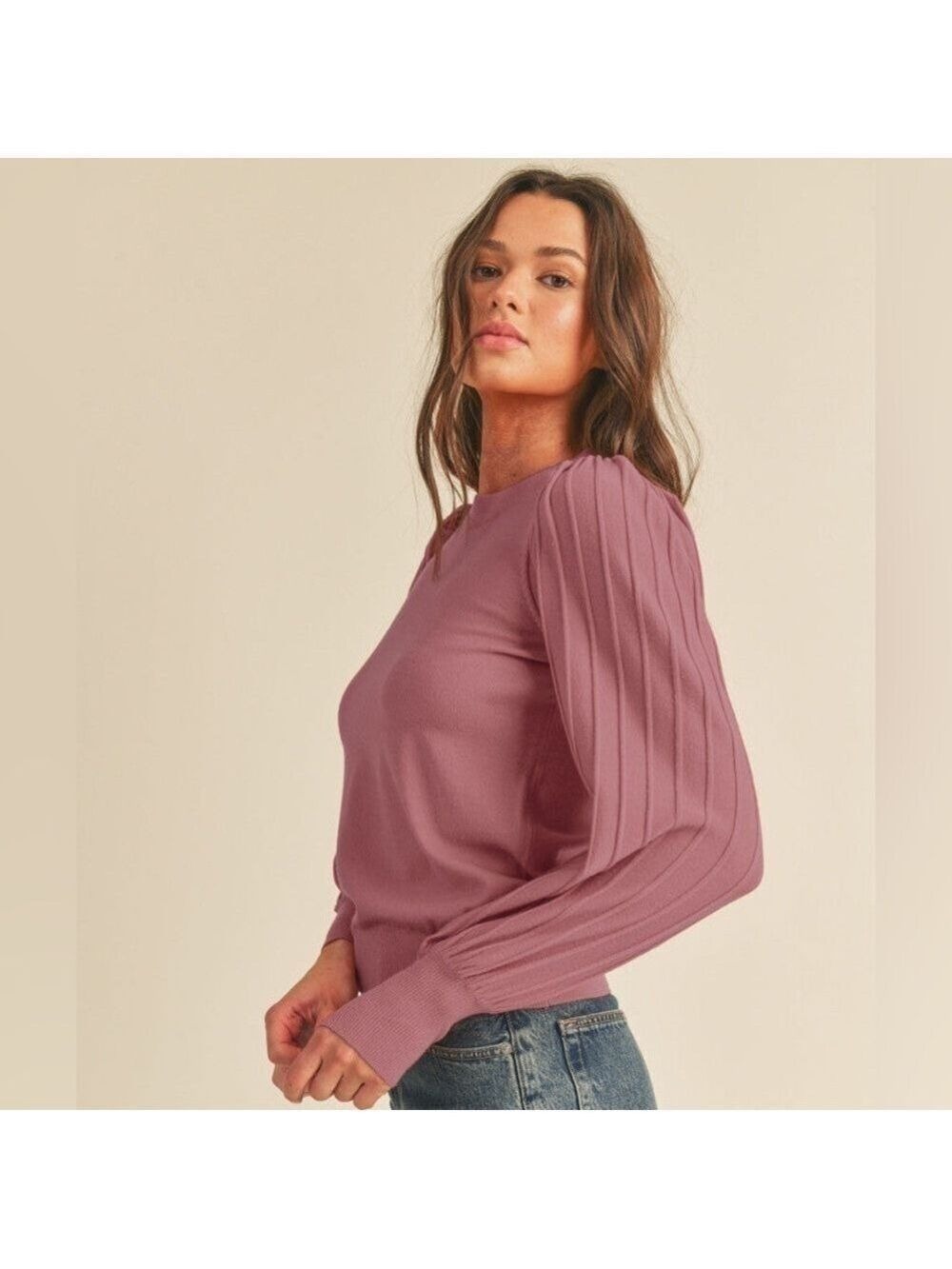 Sioni Mauve Crewneck Sweater with Long Semi Sheer Pleated Sleeves Size S